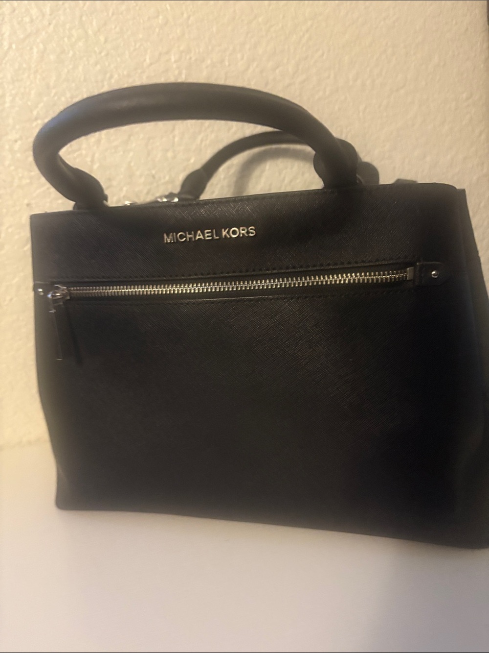 Michael Kors Black Saffiano Leather Satchel with Front Zip